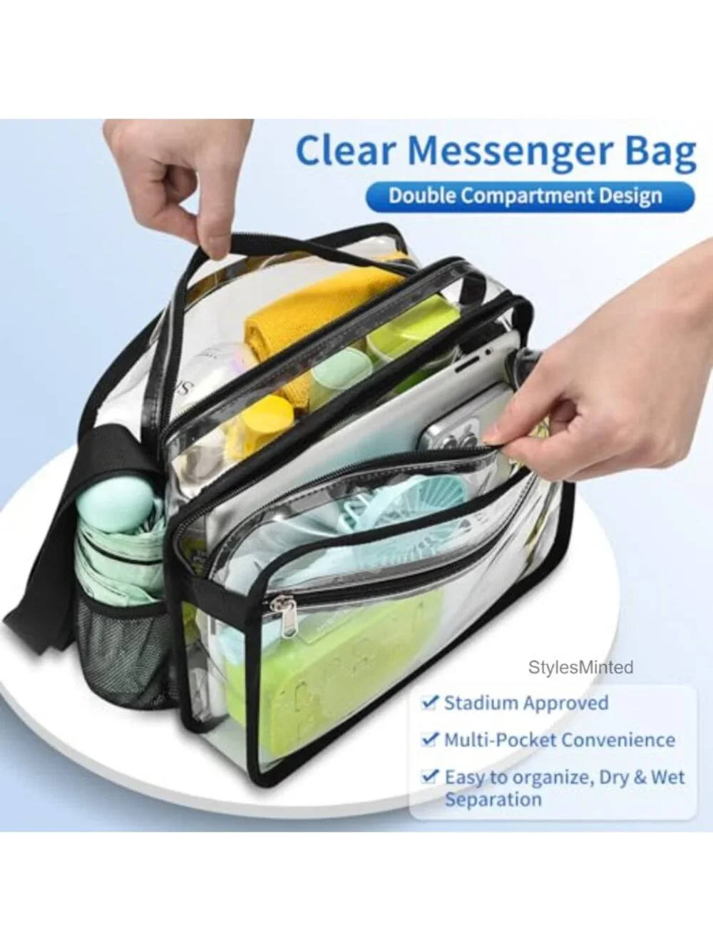 Clear Stadium Approved Messenger Bag, 2 Zipper Compartments, Adjustable Strap